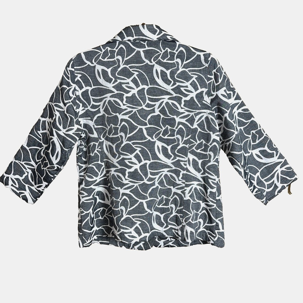 Additions By Chicos Gray White Floral Top Metallic Thread Button Open Front 3/4 - Picture 2 of 8
